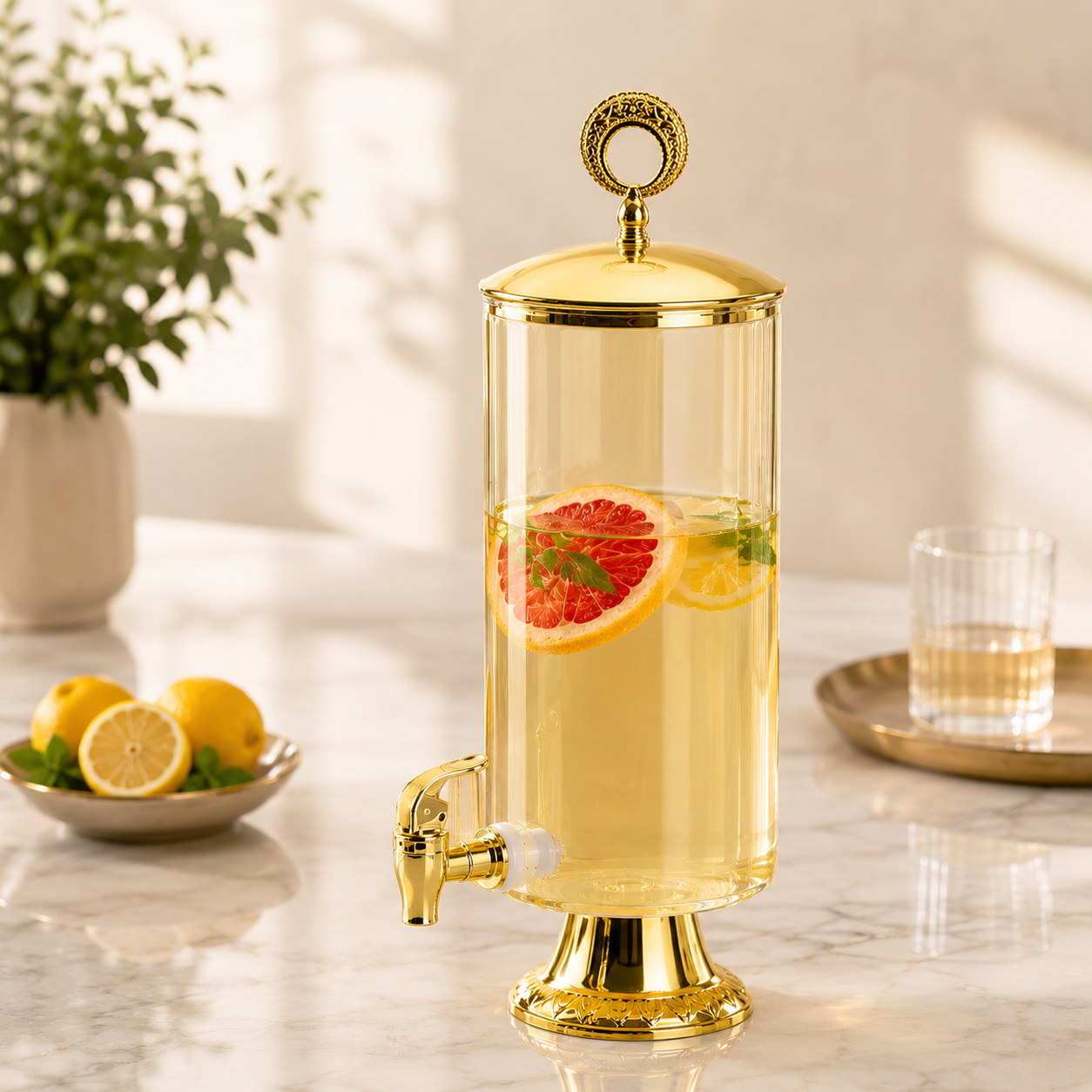 Vintage Style Glass Juice Dispenser, Crystal Glass Beverage Dispenser With Gold Faucet, Premium Glass Beverage Server
