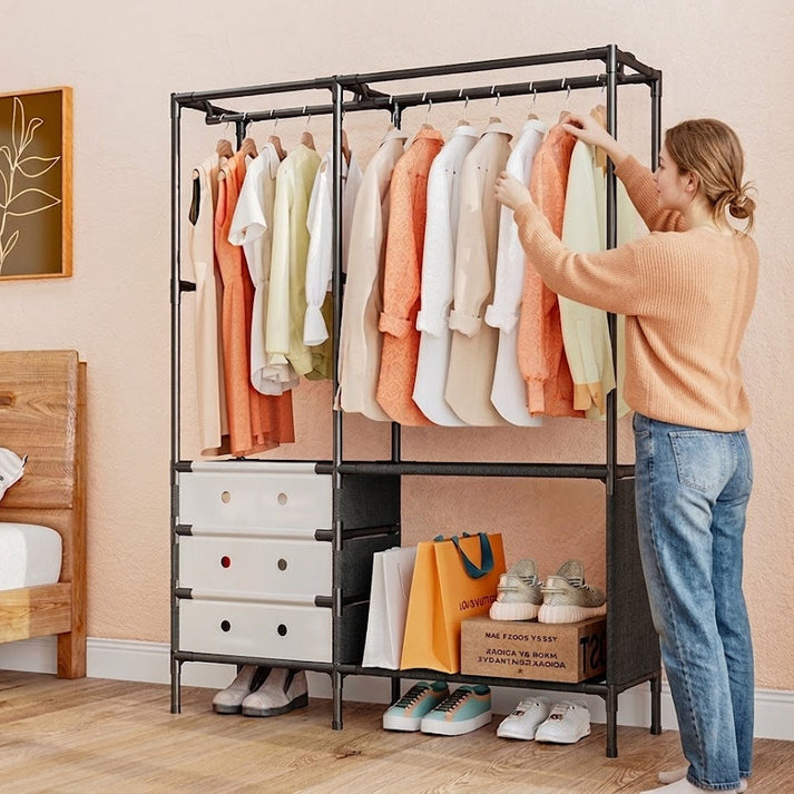 Dual Row Metal Multifunctional Clothes Rack, Homlly Entryway Coat Rack with Shoes Organizer, Bedroom Living Room Hanger, Living Room Clothes Storage Rack