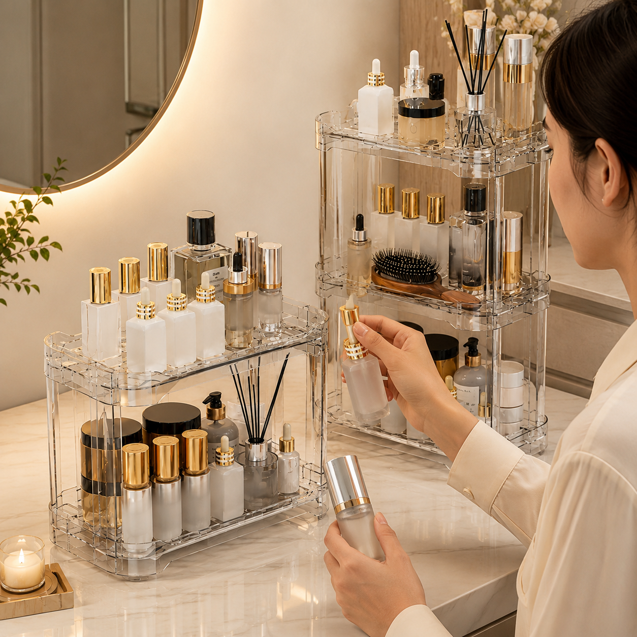 Transparent Crystal Clear Vanity Organizer Stand, Acrylic Cosmetic And Kitchen Organizer Shelf, Luxury Acrylic Countertop Storage Shelf