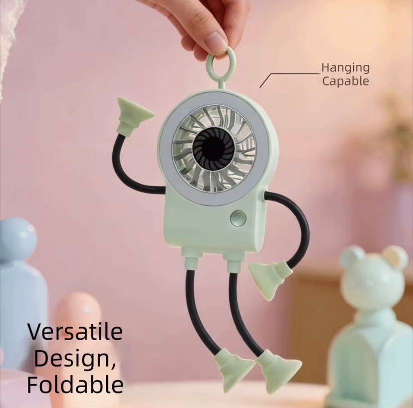 Portable Robot Shape Fan with Suction Cup Stand, Rechargeable LED Robot Mini Fan with Suction Cup Legs, Mini Robot Air Circulation Fan, Suction Cup Robot Cooling Fan