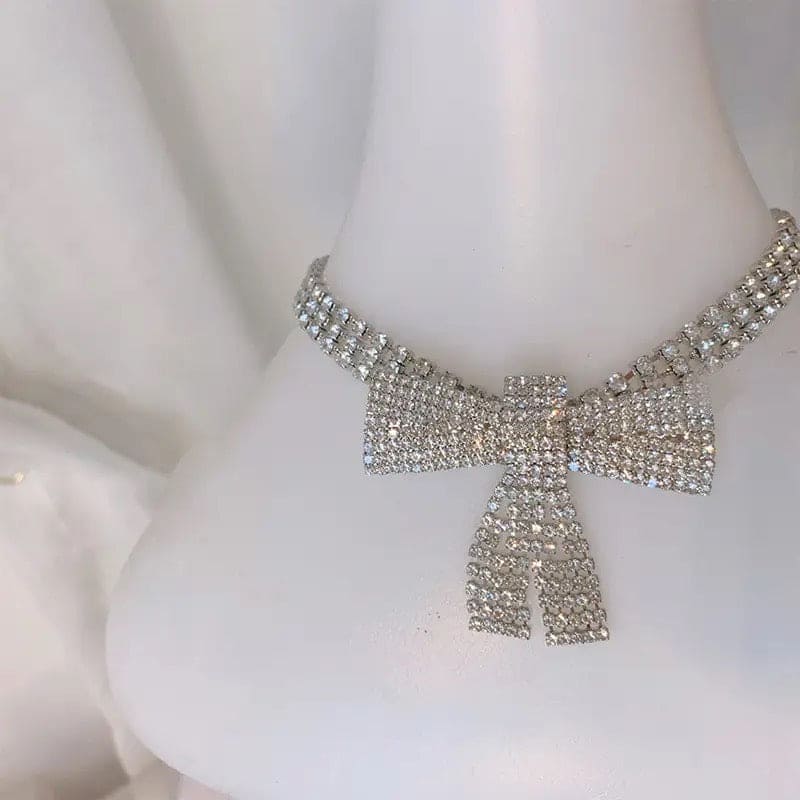 Shiny Crystal Bowknot Necklace, Long Tassel Rhinestone Necklaces, Luxurious Bowknot Pendant Necklace, Sparking Crystal Pave Bowknot Pendant, 3D Bowknot Pendant Necklace Jewellery