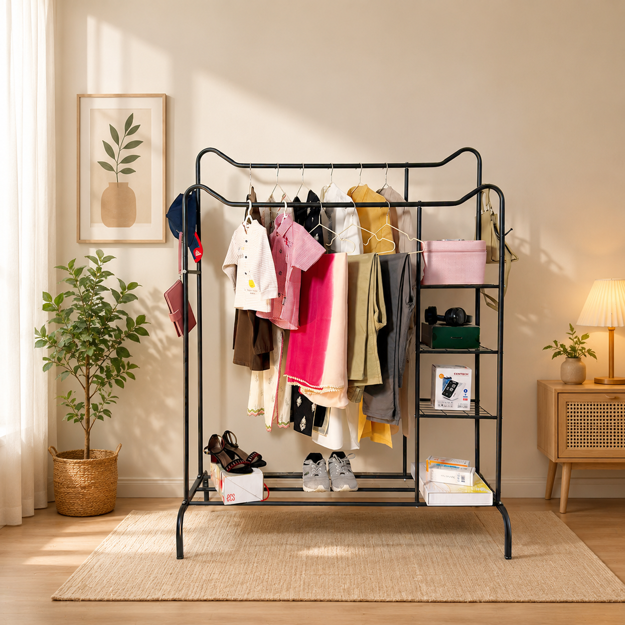 Space Saving Metal Clothes Stand, Multipurpose Coat Rack with Shoes Organizer, Household Shelf Living Room Clothes Storage Rack, Homlly Entryway Coat Rack with Shoes Organizer