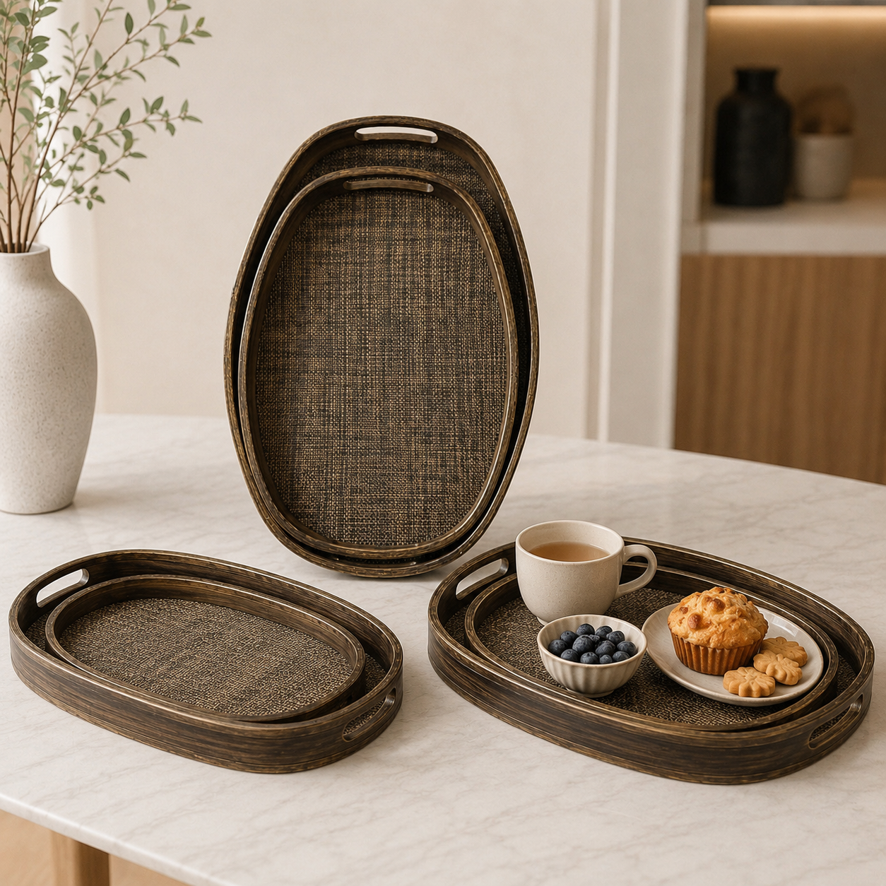 3pcs Classic Wooden Serving Tray Set, Handcrafted Style Woven Tray Set, Elegant Wooden Breakfast & Serving Trays