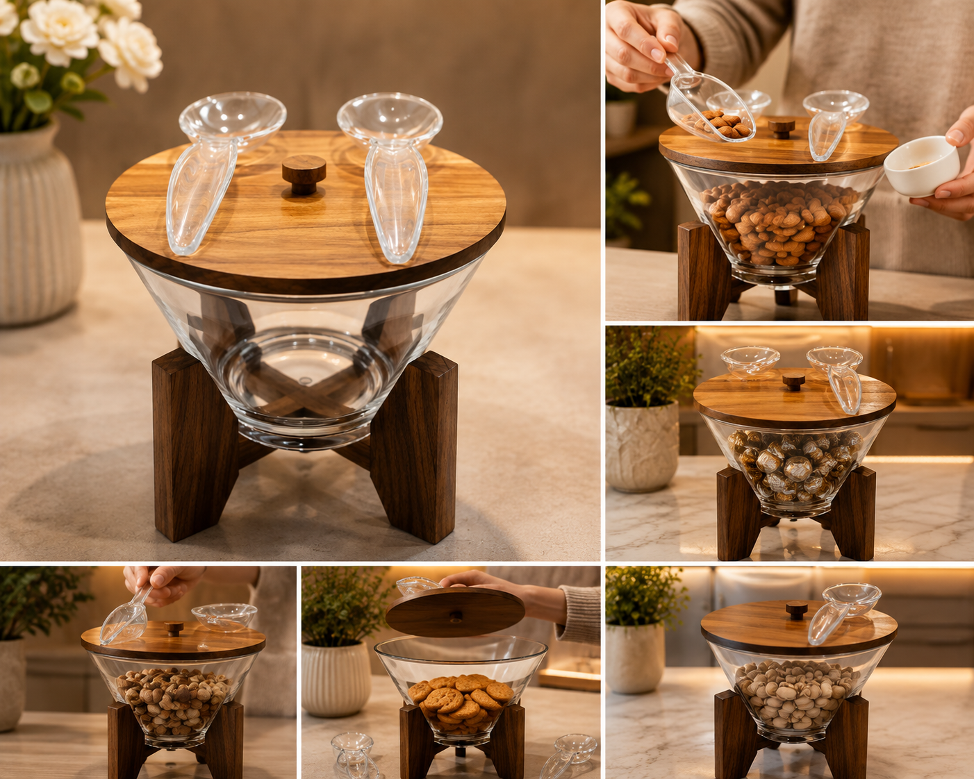 Wooden Stand Glass Snack Bowl, Luxury Glass Nut And Snack Dispenser, Dry Fruit Storage Bowl