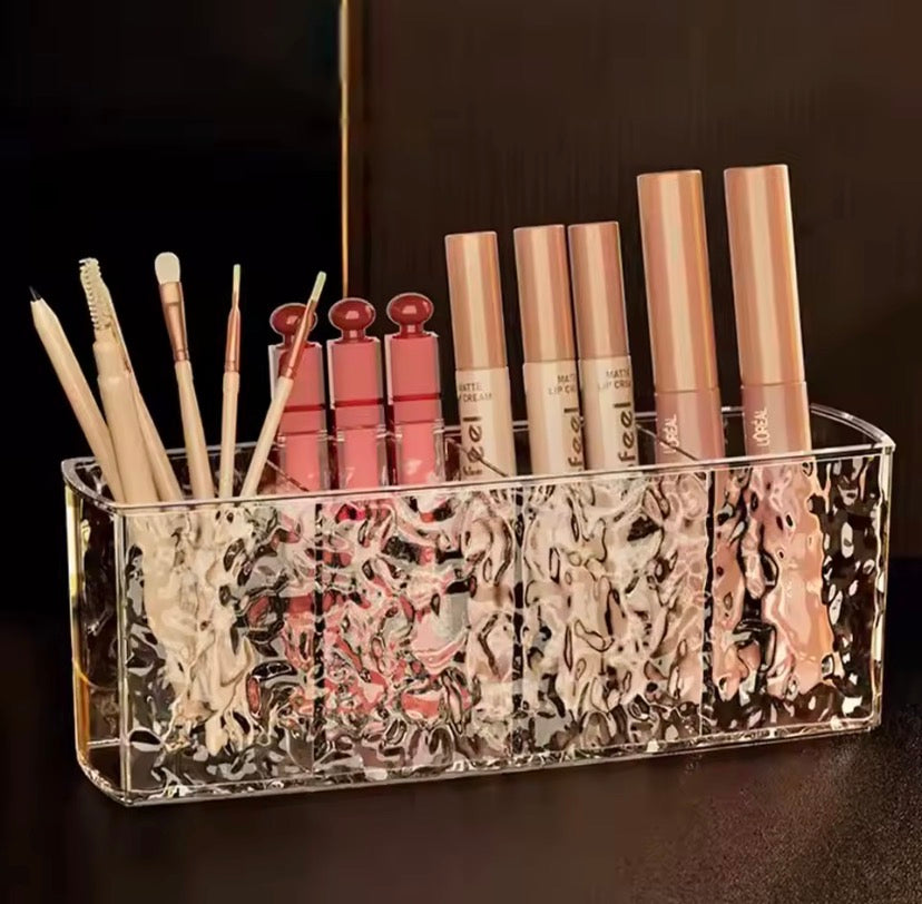 4 Grid Makeup Brush Pen Holder, Multi Compartment Rippled Divided Storage Box, Acrylic Makeup Brush and Cosmetic Holder, Makeup Brush Organizer