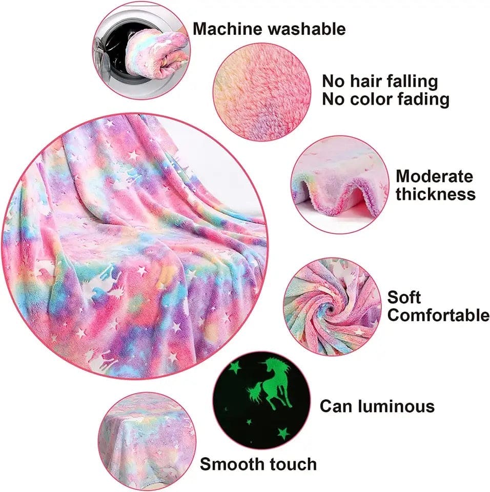 Glow In The Dark Blanket, Luminous Glowing Blanket For Kids, Super Soft Cozy Warm Rainbow Blanket, Unicorns Flannel Throw Blanket, Sleepiwsh Unicorn Kids Glow Throw, Rainbow Blanket Birthday for Toddler Kids, Cozy Soft Fluffy Fleece Nap Sleep Blankets