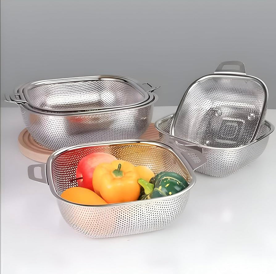 Square Shape Stainless Steel Strainer With Handle, Vegetable and Fruit Washing Strainer, Vegetable Strainer Bowl, Kitchen Steel Mesh Strainer Colander