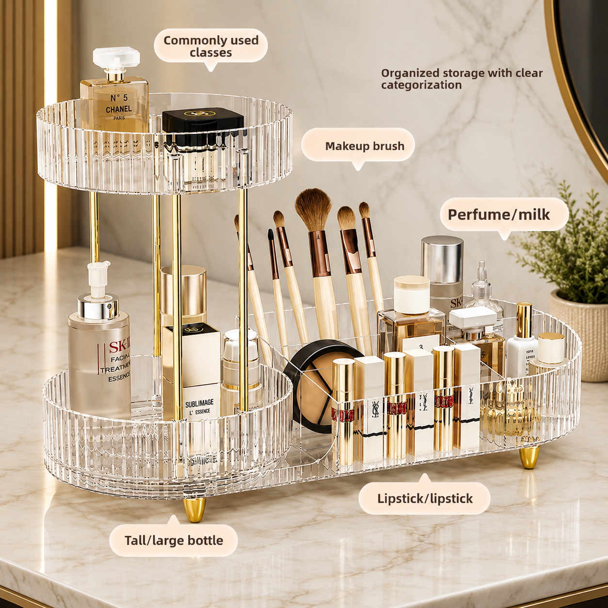 Rotating Vanity Counter Organizer, Multi Compartment Beauty Organizer, Acrylic Makeup Holder Organizer