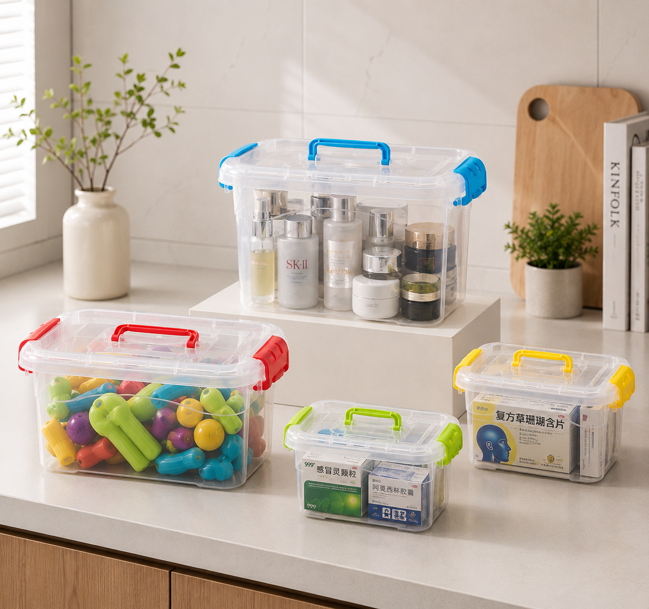 Stackable Storage Box with Handle, Medicine And Cosmetics Storage Organizer, Portable Locking Storage Container, SpaceSaver Storage Container