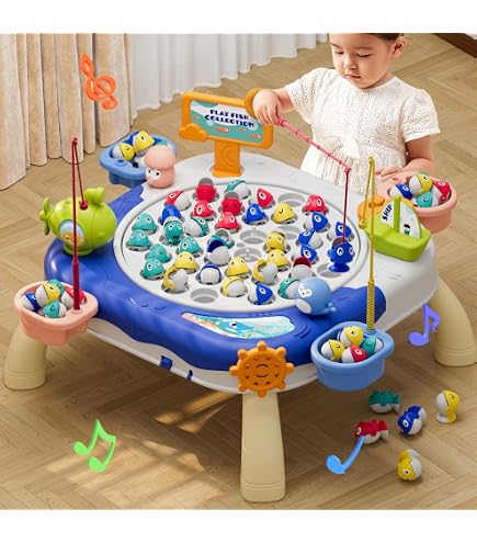 Kids Magnetic Fishing Catching Toy Game, Rotating Fish Catching Toy, Musical Educational Fishing Board Game, Kids Fishing Competition Play Set, Fishing Adventure Game Table for Kids, Educational Magnetic Fish Catching Game