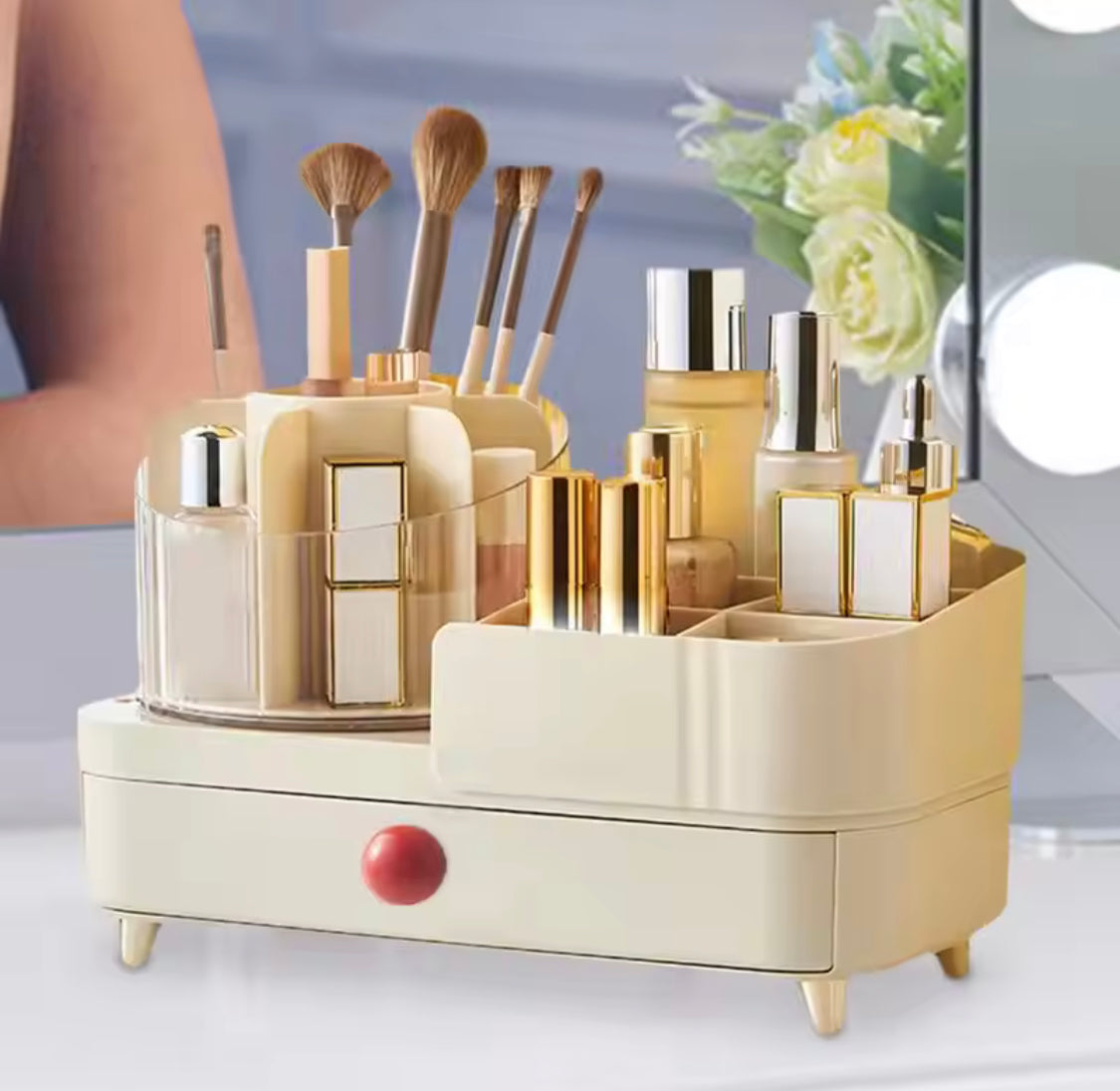 Cosmetic Storage Holder With Rotating Makeup Brush Holder, Makeup Brush Holder With Drawer, Lipstick and Eyebrow Pencil Holder, Makeup Sundries Storage Organizer
