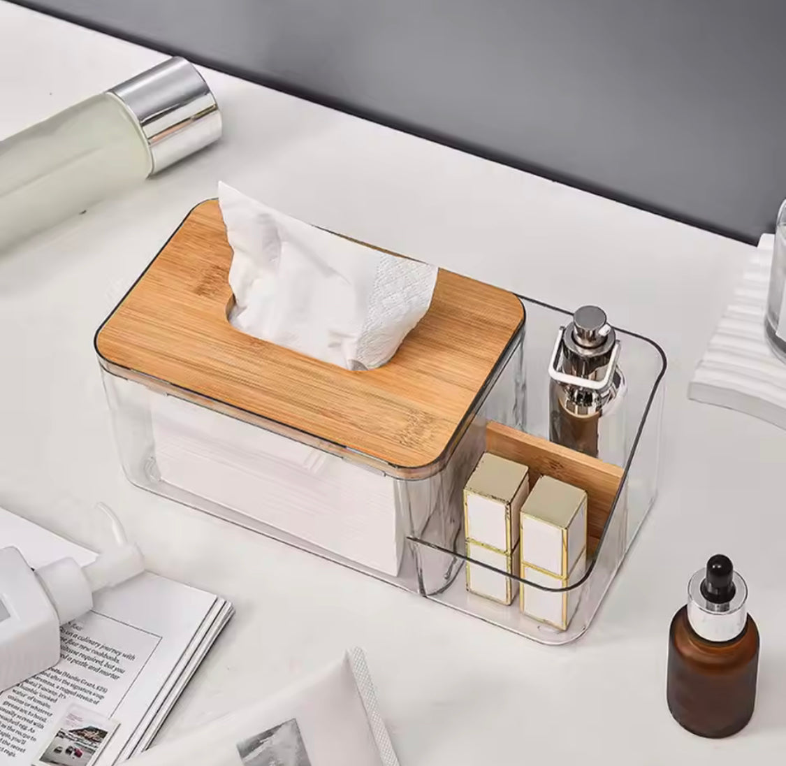 Acrylic Tissue Box With Wooden Cover, Tissue Box With Remote Holder, Kitchen Room Napkins Organizer
