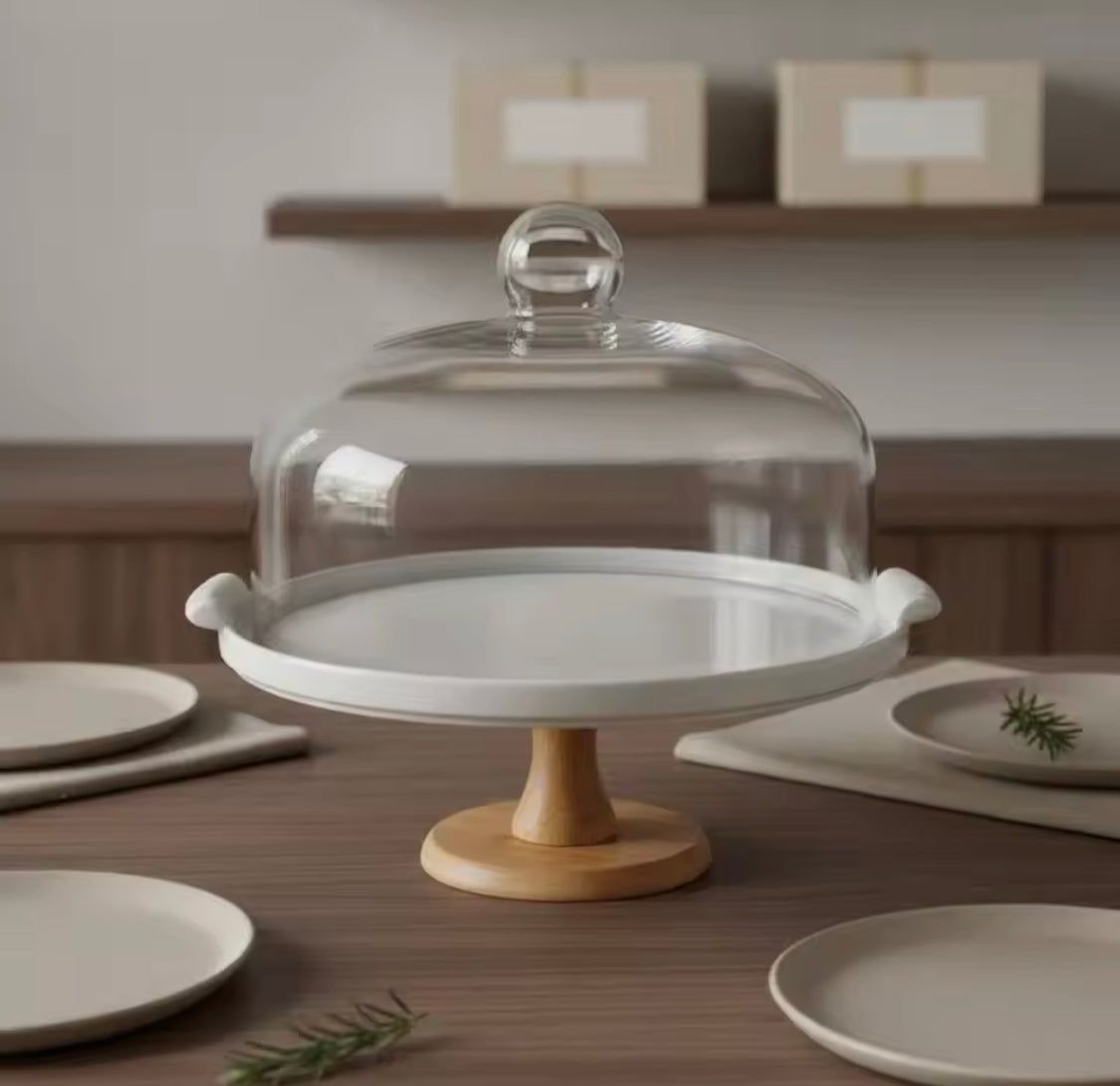 Ceramic Cake Stand with Glass Dome, Dust Proof Cake Stand with Glass Lid, European Dessert Plate With Lid, Cake Stand Table