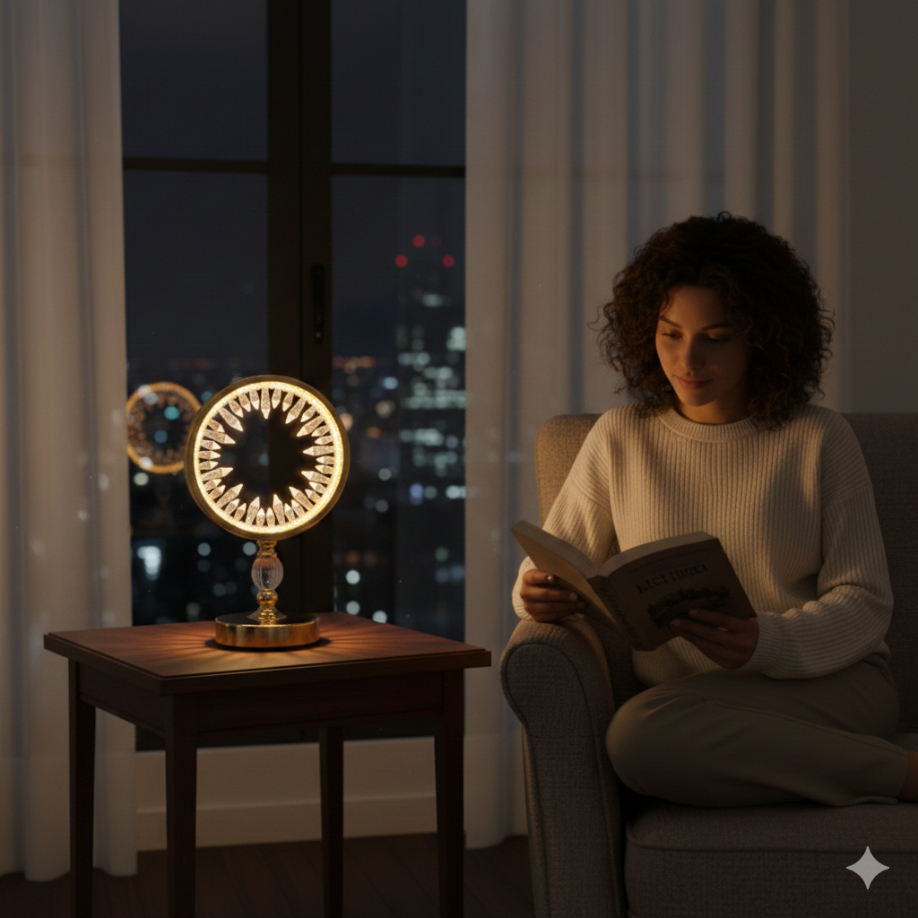 Luxury Crystal Halo LED Table Lamp, Golden Base Modern Decorative Light, Modern Crystal Desk Lamp