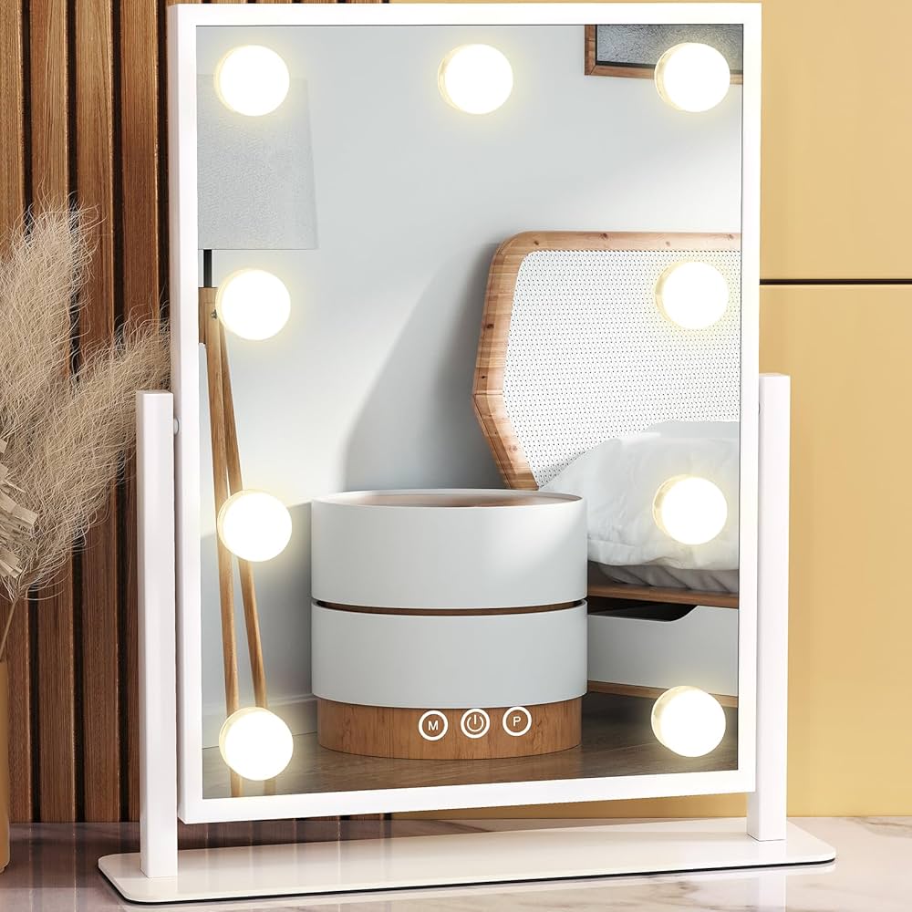 Smart Touch Vanity Mirror with Lights, Vanity Makeup Mirror with 3 Dimmable LED Bulbs, Rotatable Dressing Tabletop Mirror