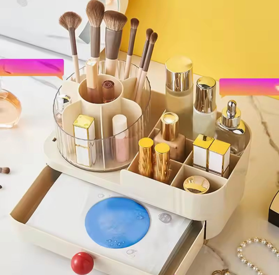 Cosmetic Storage Holder With Rotating Makeup Brush Holder, Makeup Brush Holder With Drawer, Lipstick and Eyebrow Pencil Holder, Makeup Sundries Storage Organizer