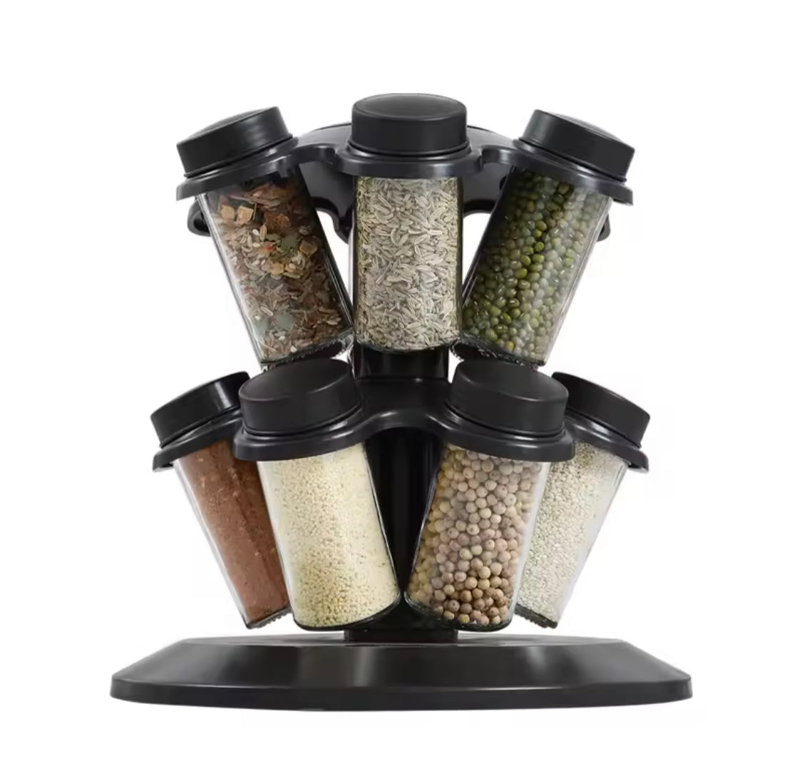 360° Rotating Spice Carousel withSeasoning Jars, Salt Shaker, Kitchen Organizers, 360° Revolving Masala Rack