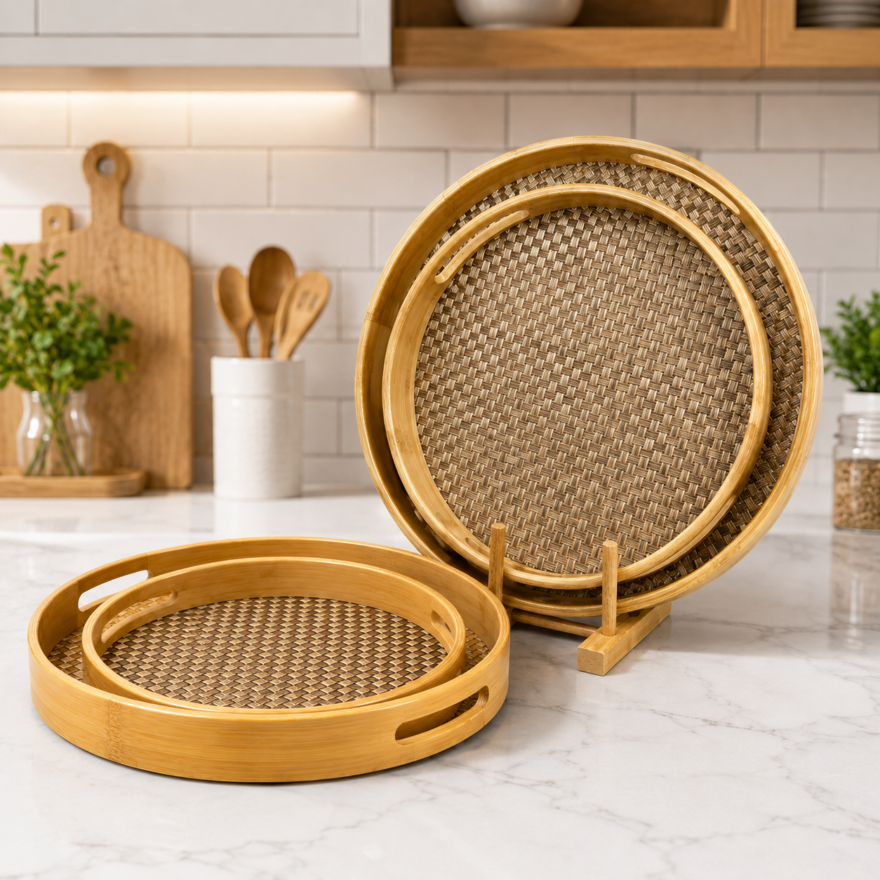Set Of 3 Premium Rattan Bamboo Tray, Bamboo Woven Serving Tray Set, Handcrafted Bamboo Beverage Tray Set