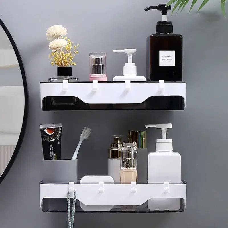 Large Capacity Wall Shelf, Wall Mounted Shower Storage Rack, Storage Wall Shelf With Hook, Self Adhesive Shower Caddy, Plastic Bathroom Shelf Wall Storage Rack, Wall Mounted Floating Shelf, Multipurpose Countertop Basket, Bathroom Kitchen Storage Rack