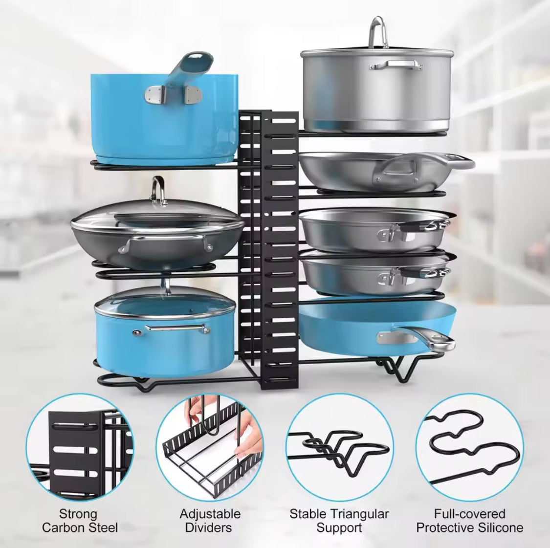 Adjustable Pan Rack Organizer, Heavy Duty Pot Rack, Multilayer Countertop Pan Shelf, Adjustable Cabinet Under Sink Pan Rack