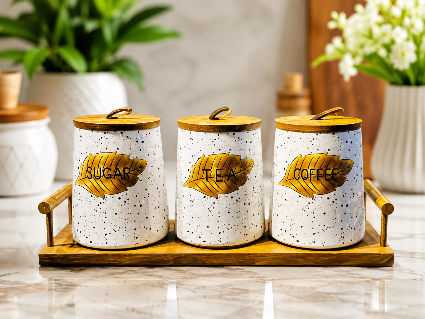 3pcs Ceramic Storage Jar Set with Wooden Lids, Speckled Ceramic Canister Set With Wooden Tray, Decorative Ceramic Kitchen Storage Jar Set