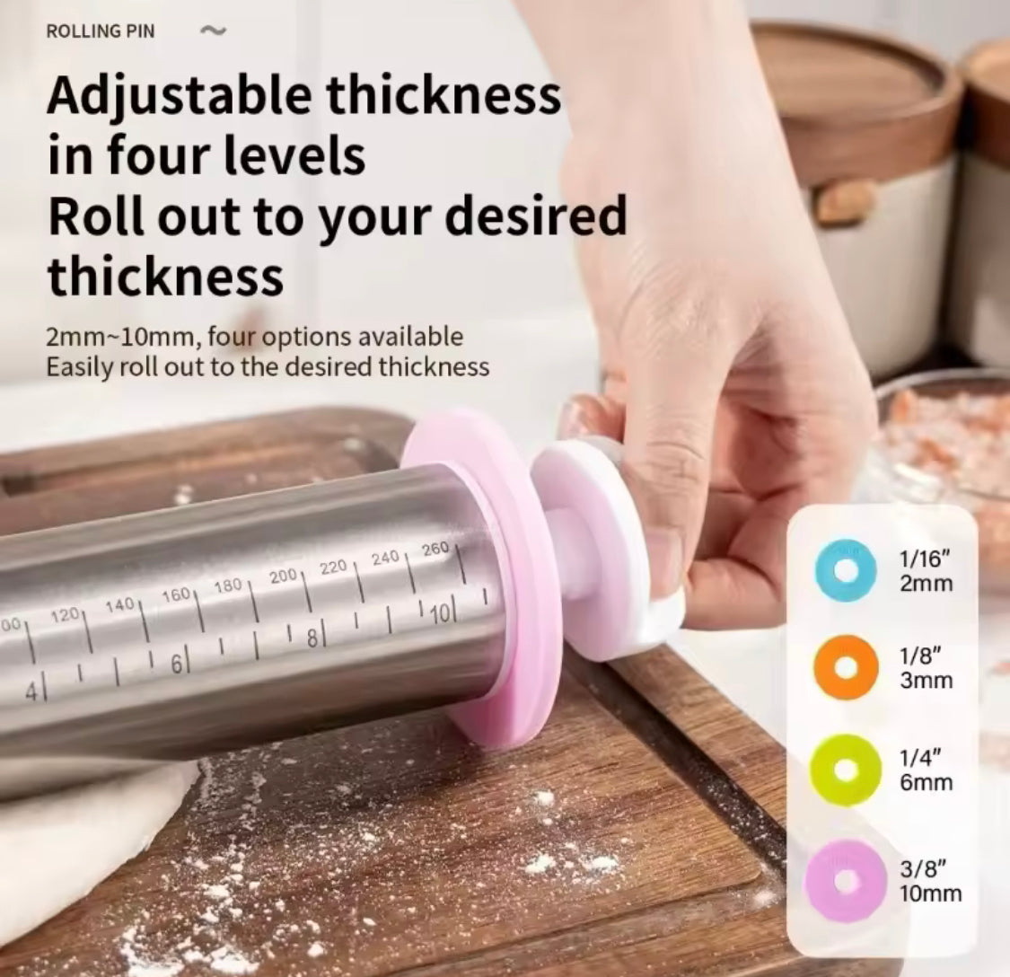 Adjustable Rolling Dough Roller, Removable Ring Dough Mat, Detachable Stainless Steel Rings Dough Roller, Kitchen Roti Belan