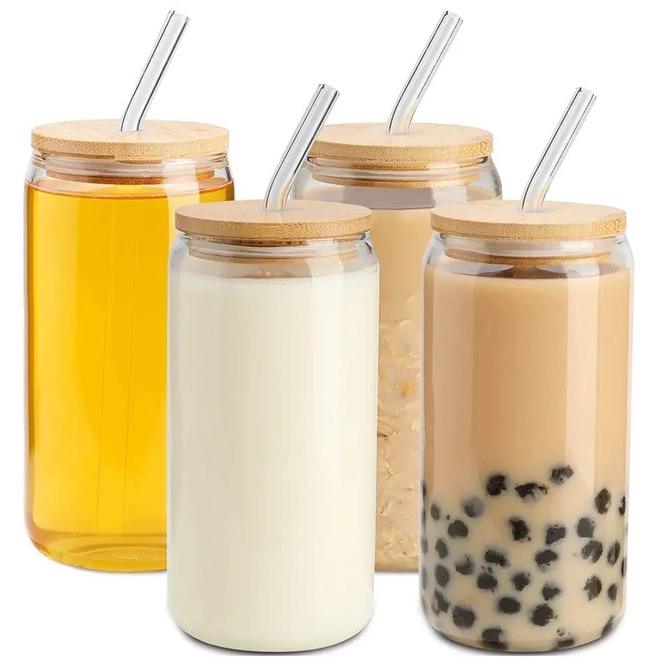Bubble Tea Cup, 500ml Glass Mug With Bamboo Glass And Straw, Multipurpose Iced Coffee Cute Tumbler Cup for Cocktail, Party Beverage Cup, Portable Glass Water Cup with Straw Lid, Household Borosilicate Straw Glass