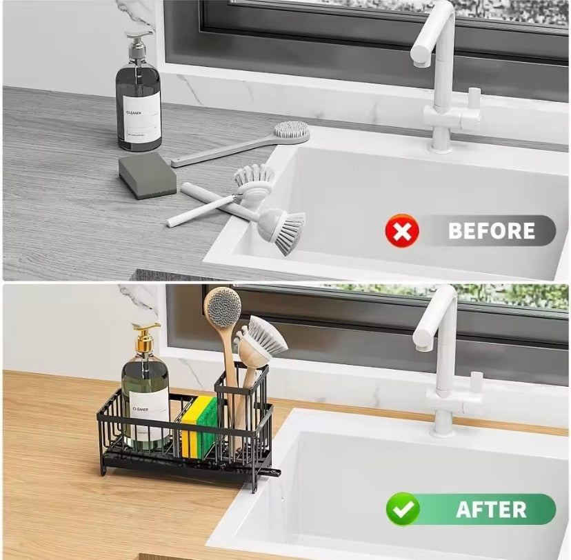 Kitchen Sink Organizer With Drain Tray, Multifunctional Kitchen Home Use Sink Sponge Organizer, Sponge Storage Faucet Holder, Iron Dish Sponge Holder