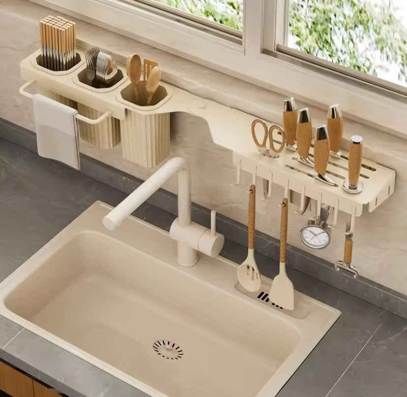 Wall Mounted Over The Sink Organizer Rack, Kitchen Storage Shelf with Knife Holder, Utensil Caddy And Hanging Hooks Rotatable Kitchen Shelf