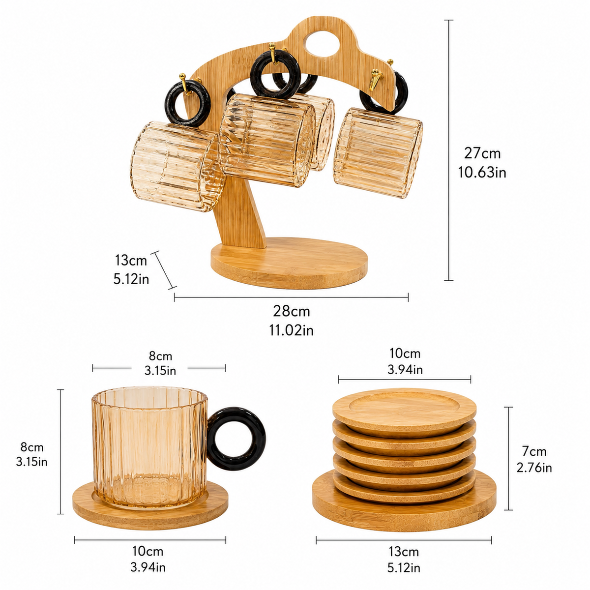 6pcs Ribbed Glass Cups with Bamboo Stand, Countertop Glass Mug Holder And Coaster Set, Fluted Glass Mugs with Bamboo Rack