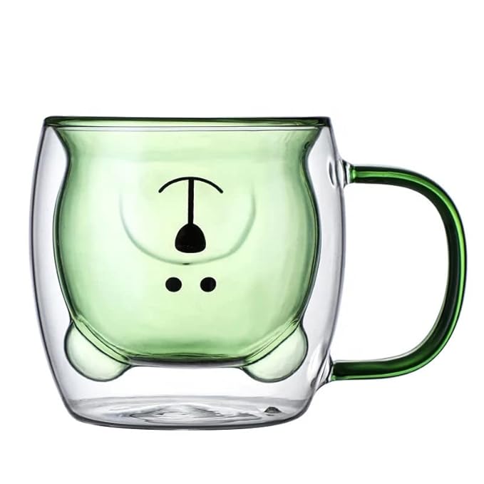 Adorable Bear Face Glass Coffee Mug, Double Wall Bear Buddy Glass Cup, Cute Bear Thermal Glass Mug
