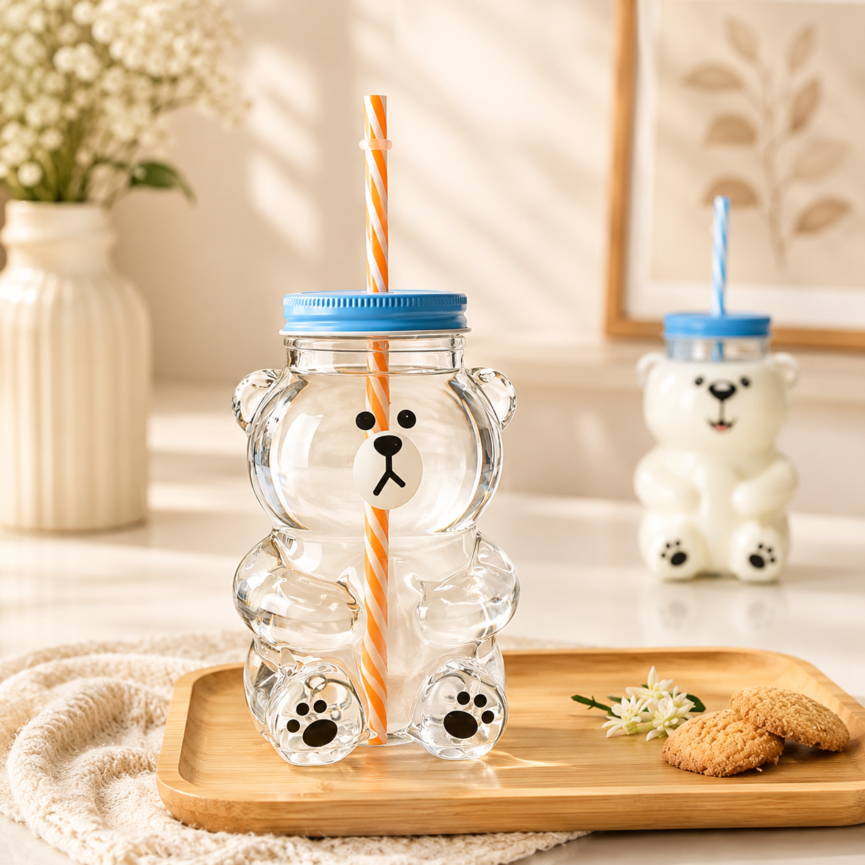 Kawaii Bear Beverage Cup, Plastic Bear Mason Jar Tumbler, Honey Bear Coffee Tumbler, Bear Water Cup With Straw