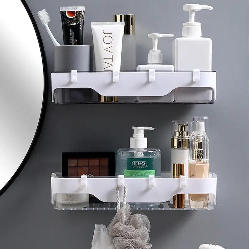 Large Capacity Wall Shelf, Wall Mounted Shower Storage Rack, Storage Wall Shelf With Hook, Self Adhesive Shower Caddy, Plastic Bathroom Shelf Wall Storage Rack, Wall Mounted Floating Shelf, Multipurpose Countertop Basket, Bathroom Kitchen Storage Rack