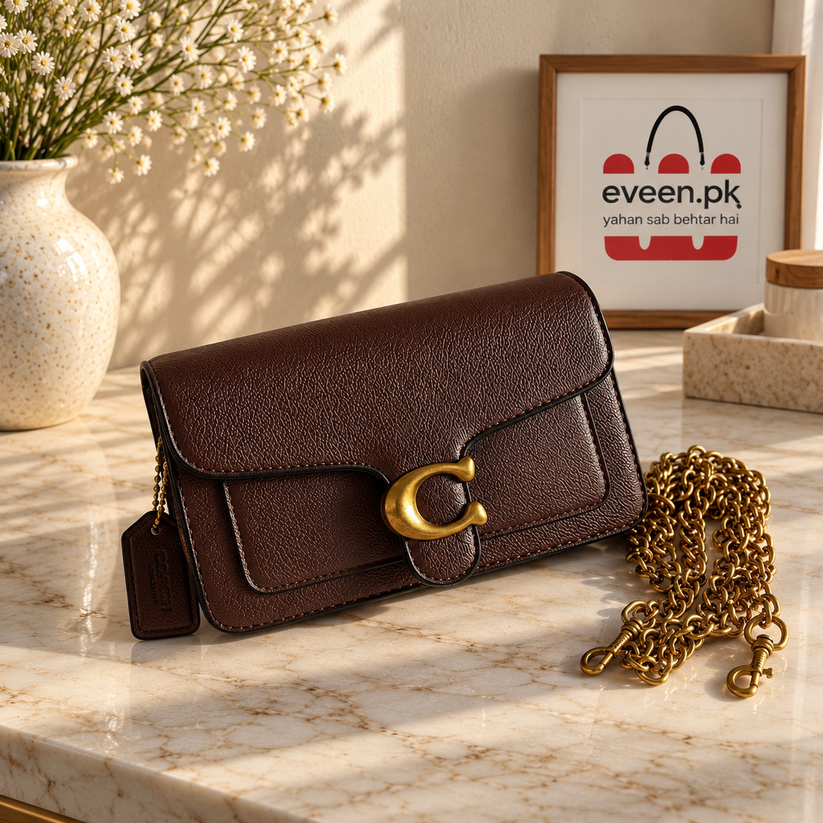 Leather Textured C Clasp Shoulder Bag With Chain