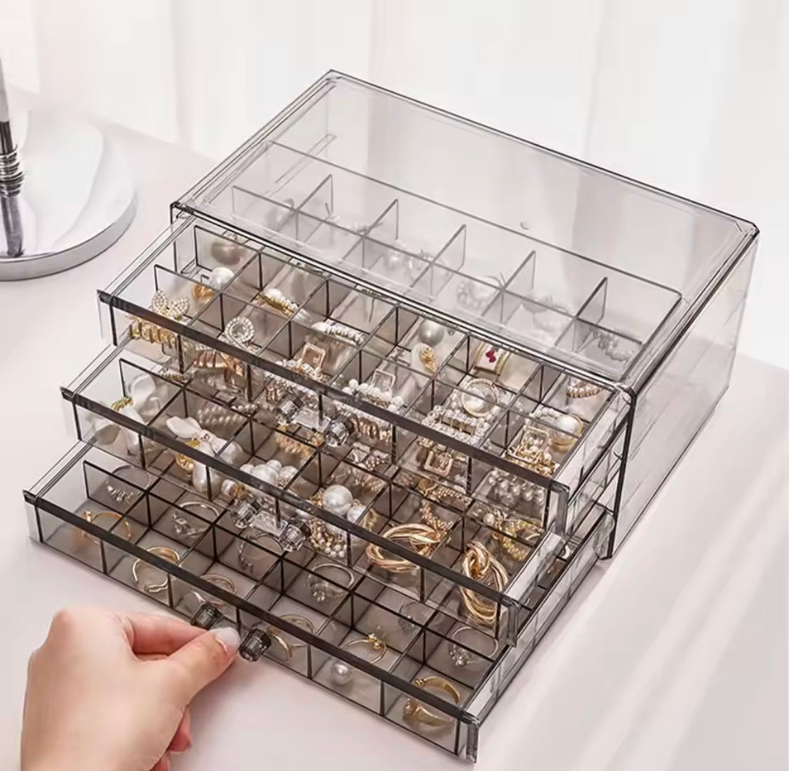 Multi Layer Transparent Jewellery Storage Box, 3 Layer Desktop Ring Earring Sorting Box, Dressing Table Drawer Style Storage Box