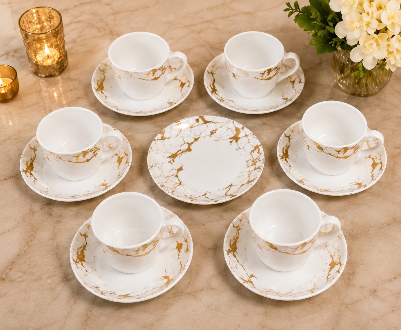 Elegant 6Pcs Tea Cup With Saucer Set, Golden Crackle Design Tea Cup Set, Insulated Coffee Mug, Coffee Glass