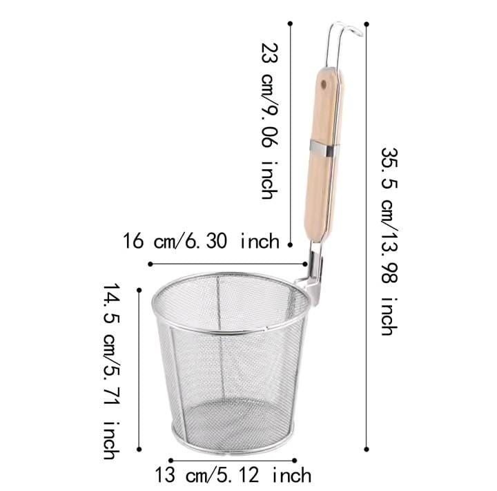 Stainless Steel Kitchen Strainer With Wooden Handle, Frying Food Colander With Long Handle, Potato Chef Colander Tool Frying, French Fries Basket, Kitchen Noodles Fried Strainer, Wire Fine Mesh Oil Strainer