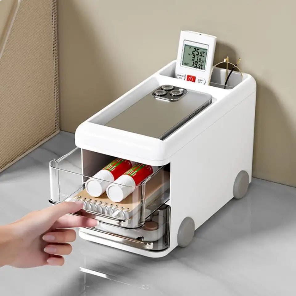 Cute Bus Style Desktop Organizer, 2 Layer Pull Out Clear Drawer Box, Multifunctional Supplies Stationery Pencil Container, Large Capacity Visible Storage Organizer, Dresser And Home Sundries Storage Holder