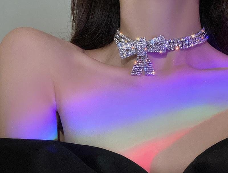 Shiny Crystal Bowknot Necklace, Long Tassel Rhinestone Necklaces, Luxurious Bowknot Pendant Necklace, Sparking Crystal Pave Bowknot Pendant, 3D Bowknot Pendant Necklace Jewellery