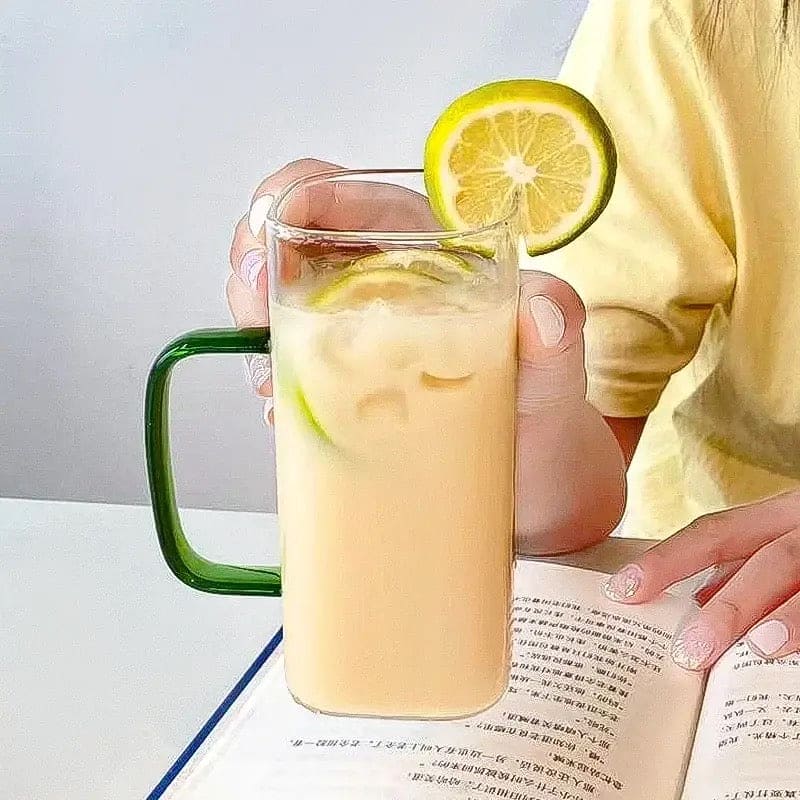 Square Coffee Mug With Wooden Top And Straw, 400ml Colored Handle Drinking Glass Cup, Transparent Drink Cup, Party Beverage Cup, Portable Glass Water Cup with Straw Lid, Household Borosilicate Straw Glass
