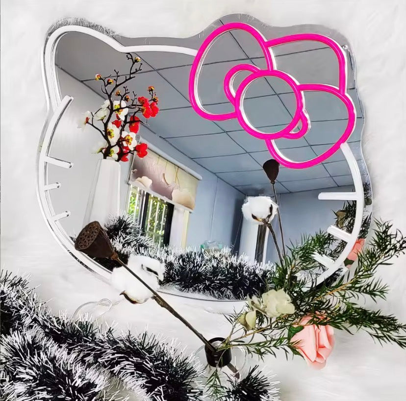 Hello Kitty Vanity Makeup Mirror with Soft Glow Light, Cute Kawaii LED Makeup Mirror, Decorative Hello Kitty LED Vanity Mirror, Kawaii Desktop LED Mirror with Cute Bow Design