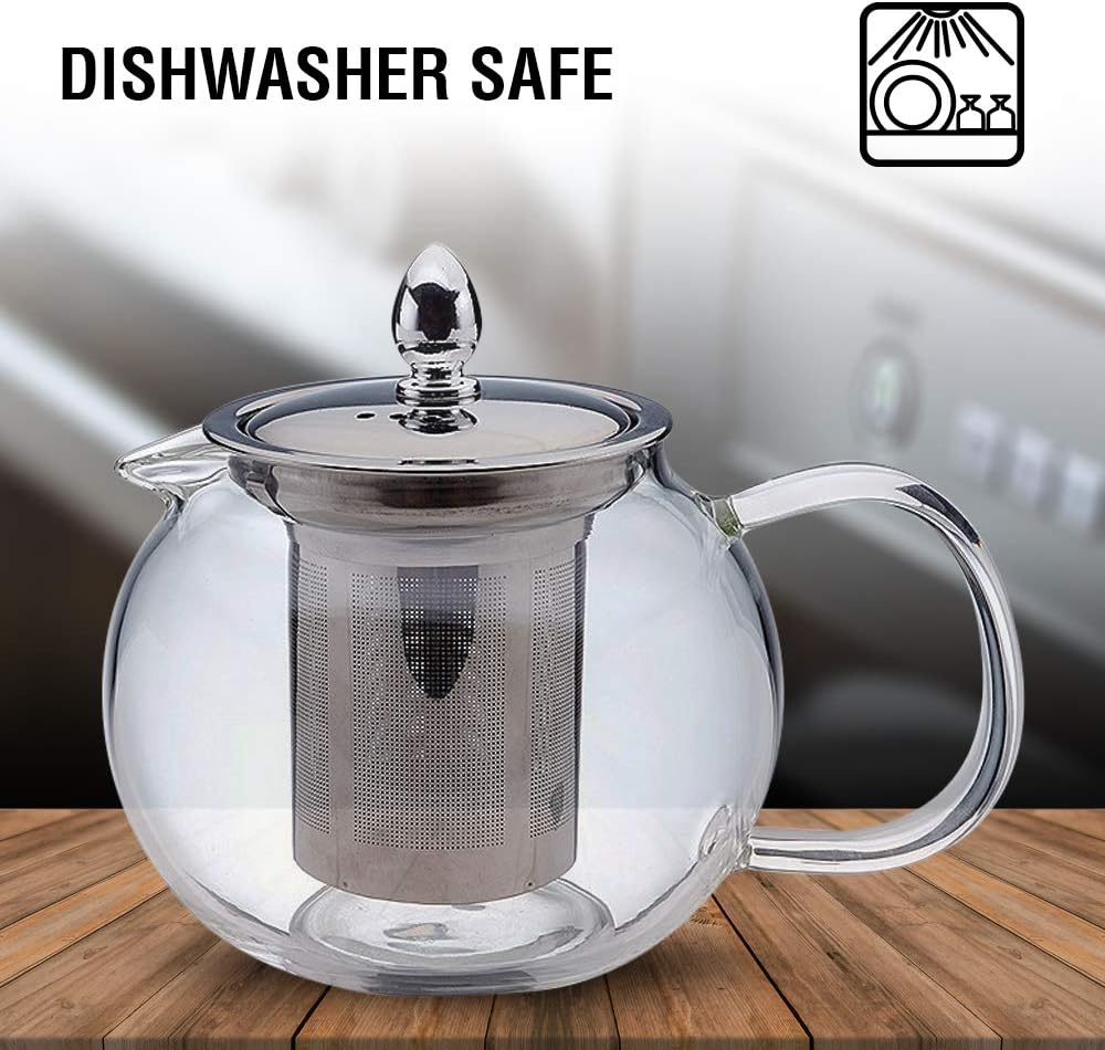 Glass Teapot with Stainless Steel Infuser, Double Wall Glass Tea Infuser Pot, Round Glass Tea Brewing Pot, Transparent Glass Tea Kettle