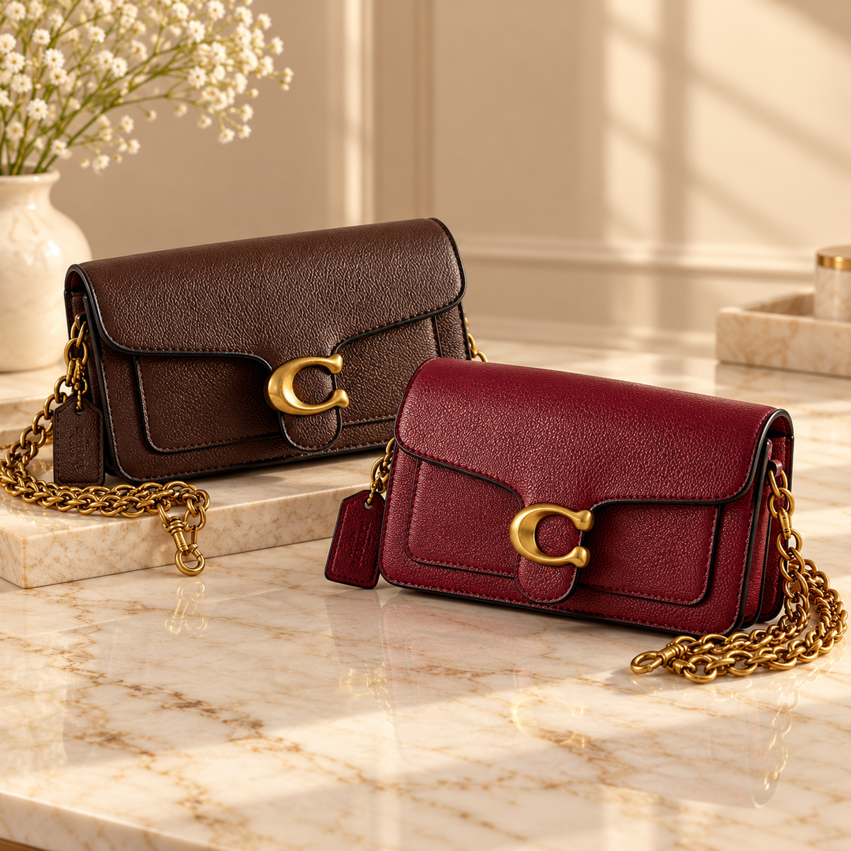 Leather Textured C Clasp Shoulder Bag With Chain