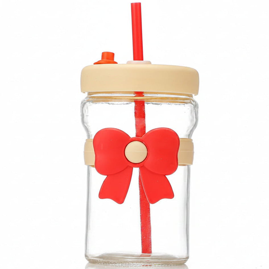 Bow Glass Cup with Straw, Party Beverage Cup, Portable Glass Water Cup with Straw Lid, Elegant Cute Transparent Mug