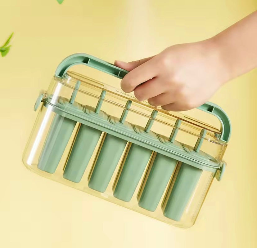6 Cavity Silicone Popsicle Maker with Storage Box, Reusable Frozen Fruit Ice Pop Maker, Portable Ice Cream Mold with Lid and Handle