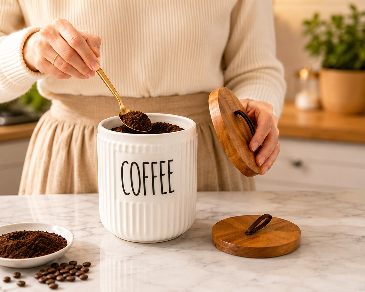 3pcs Ceramic Coffee Tea Sugar Pot Set, Elegant Ceramic Canister Set with Wooden Tray, Classic Ribbed Kitchen Jar Set