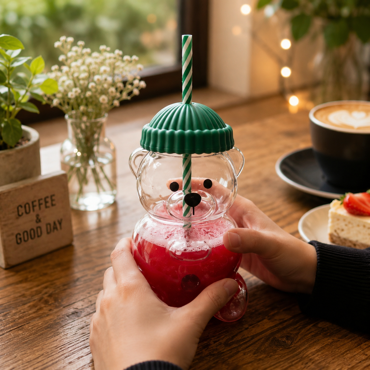 Bear Shape Glass Cup With Straw, Bear Shape Beverage Cup, Bear Smoothie Cup With Straw, Bear Drinking Cup With Lid And Straw