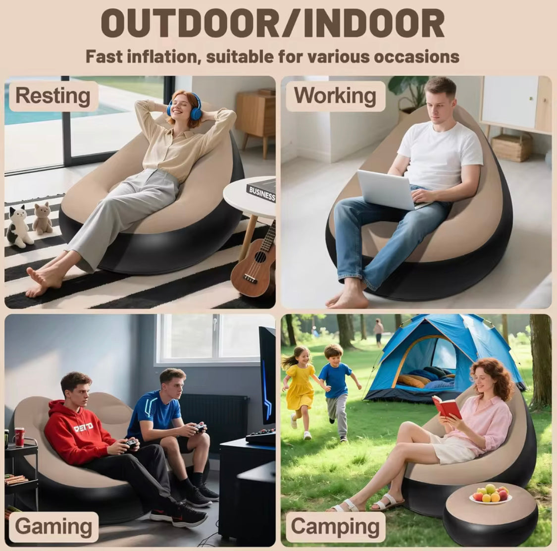 2Pcs Inflatable Folding Chair Sofa, Outdoor Sofa Bed with Footrest, Portable Folding Air Mattress