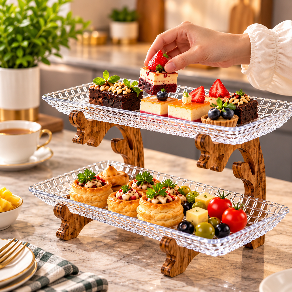 2 Tier Glass Serving Tray with Wooden Stand, Luxury Glass & Wooden Serving Stand, Premium Glass Dessert Display Stand