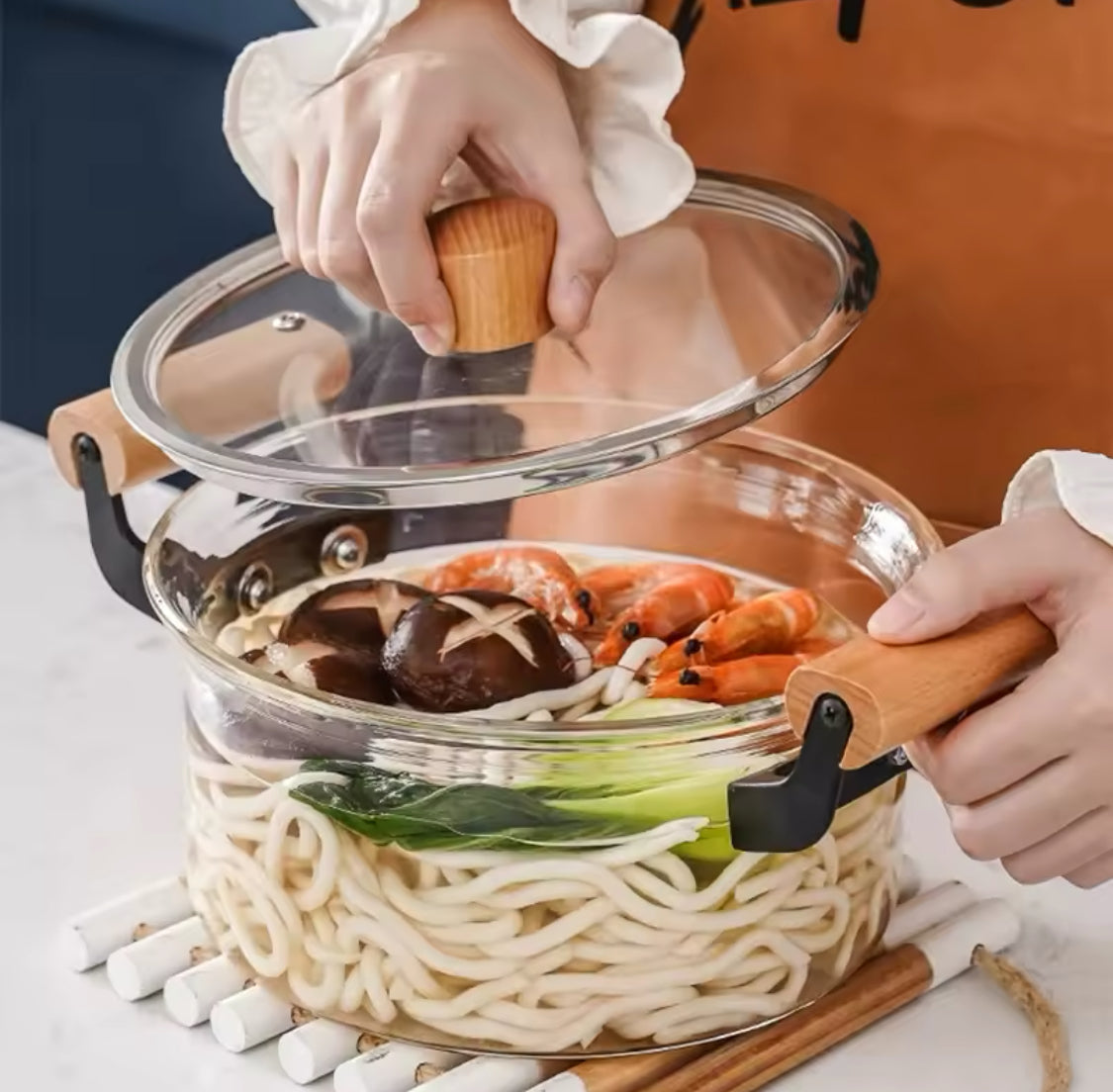 Transparent Cooking Pot With Wooden Handle, Heat Resistant Glass Pot, Kitchen Cookware Pot